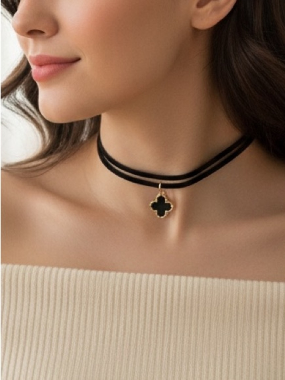 π¨SALEπ¨ Black Leather Choker Necklace with Gold Clover Pendant - Women Jewelry